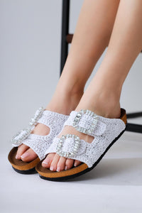 Ellina White Double Strap Gemstone Buckle Detail Woven Slipper