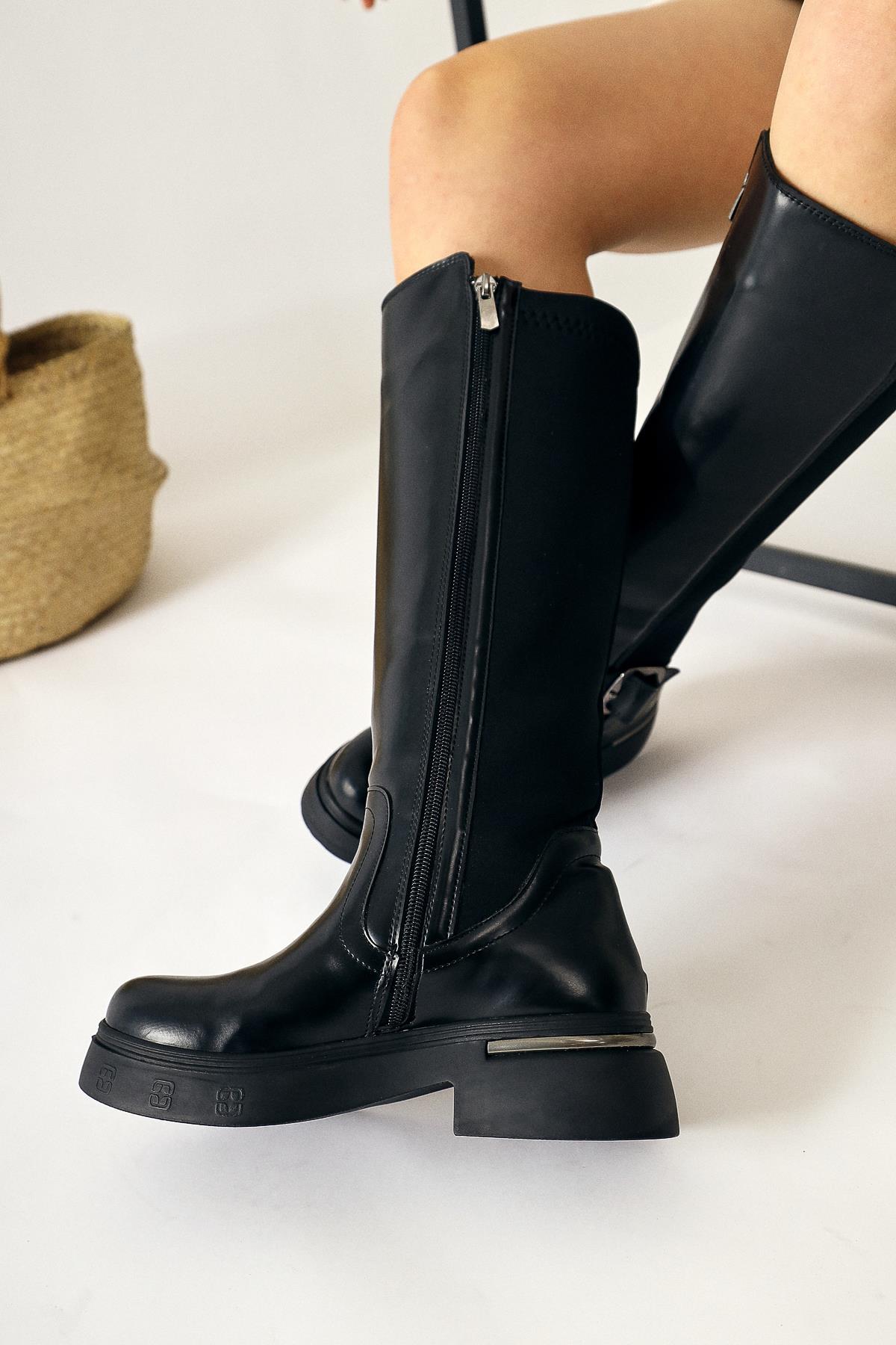 Faria Black Patent Leather Chunky Heeled Boots with Scuba Fabric and Buckle Details