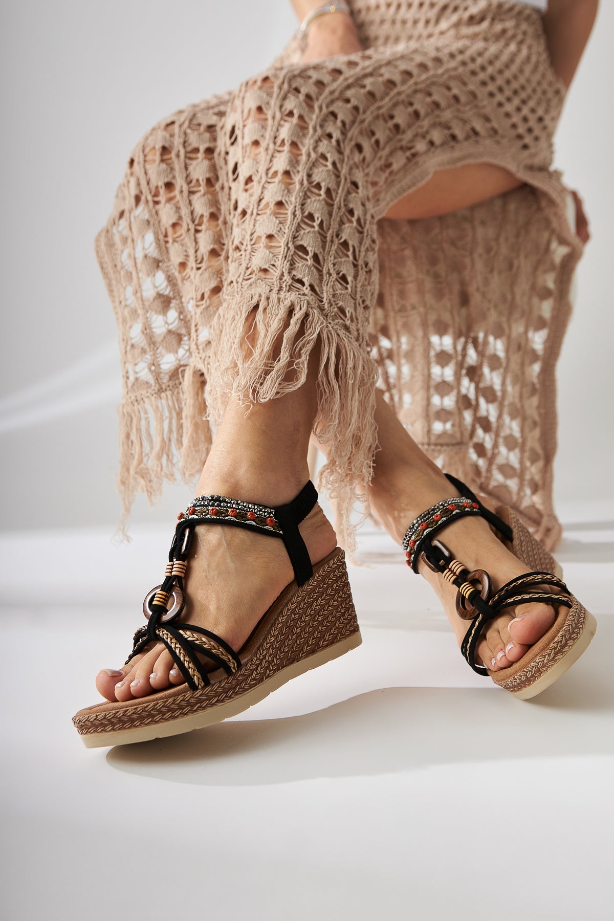 Jona Black Buckled Elastic-Back Wedge Women's Sandal