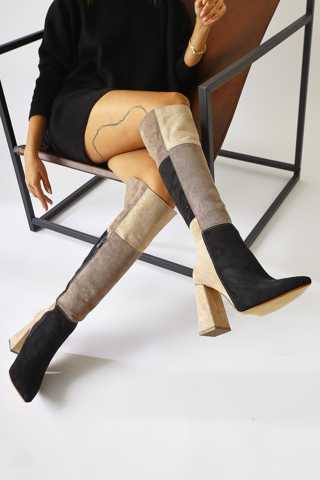 Kamiyah Black Beige Over-the-Knee Boot