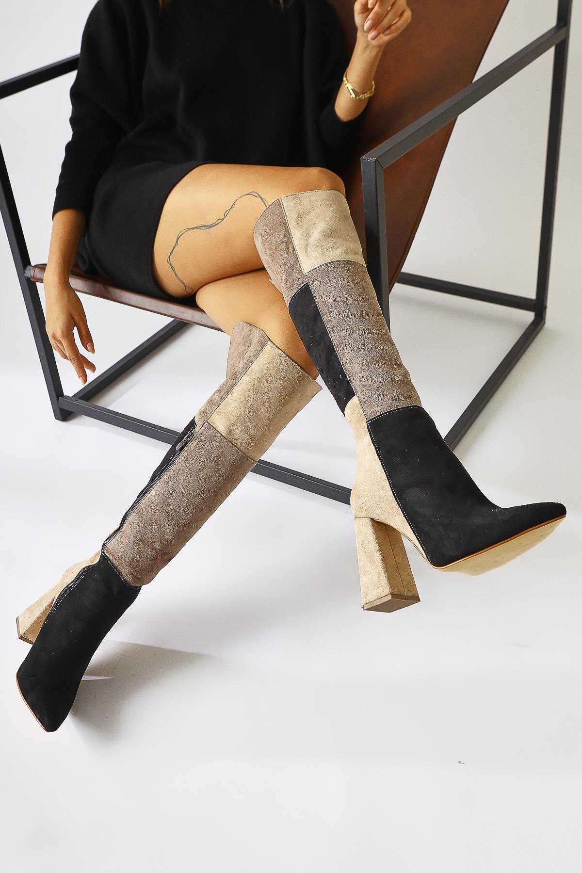 Kamiyah Black Beige Over-the-Knee Boot