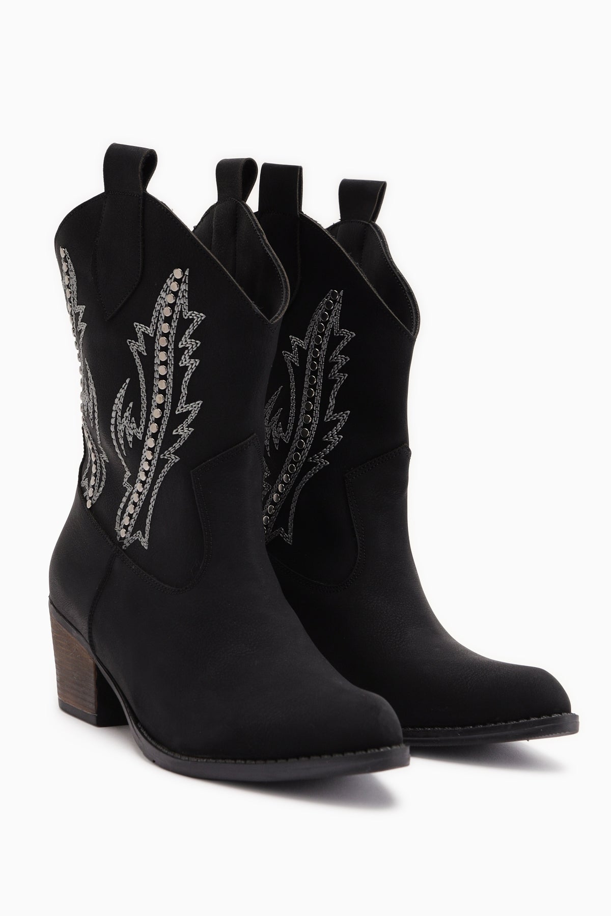 Fiza Black Pointed Toe Embroidered Studded Women’s Boots