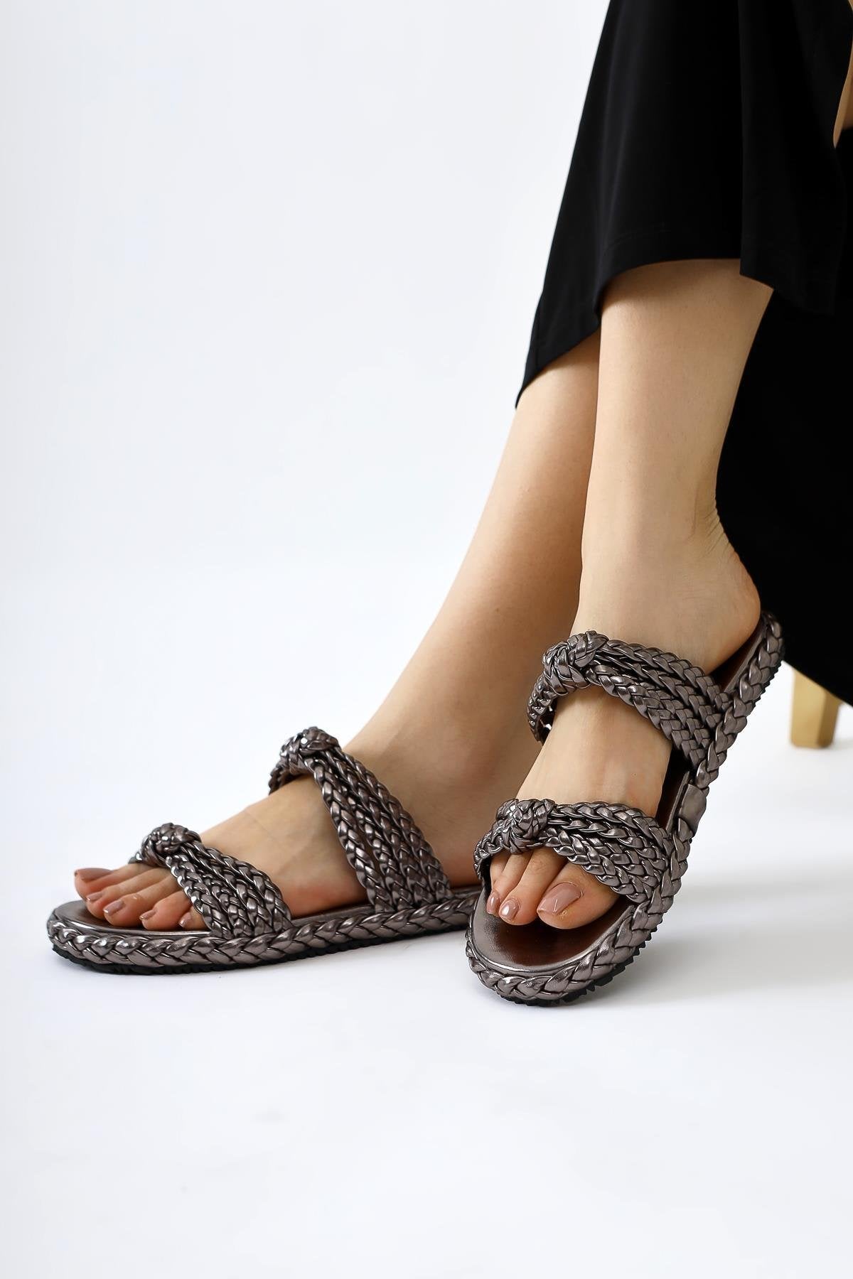 Nessa Platinum Patent Woven Strap Slippers