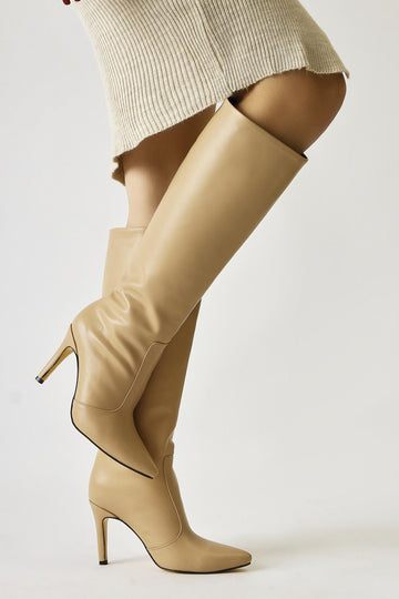 Lucine Nude Pointed Toe Stiletto Pull-On Boot