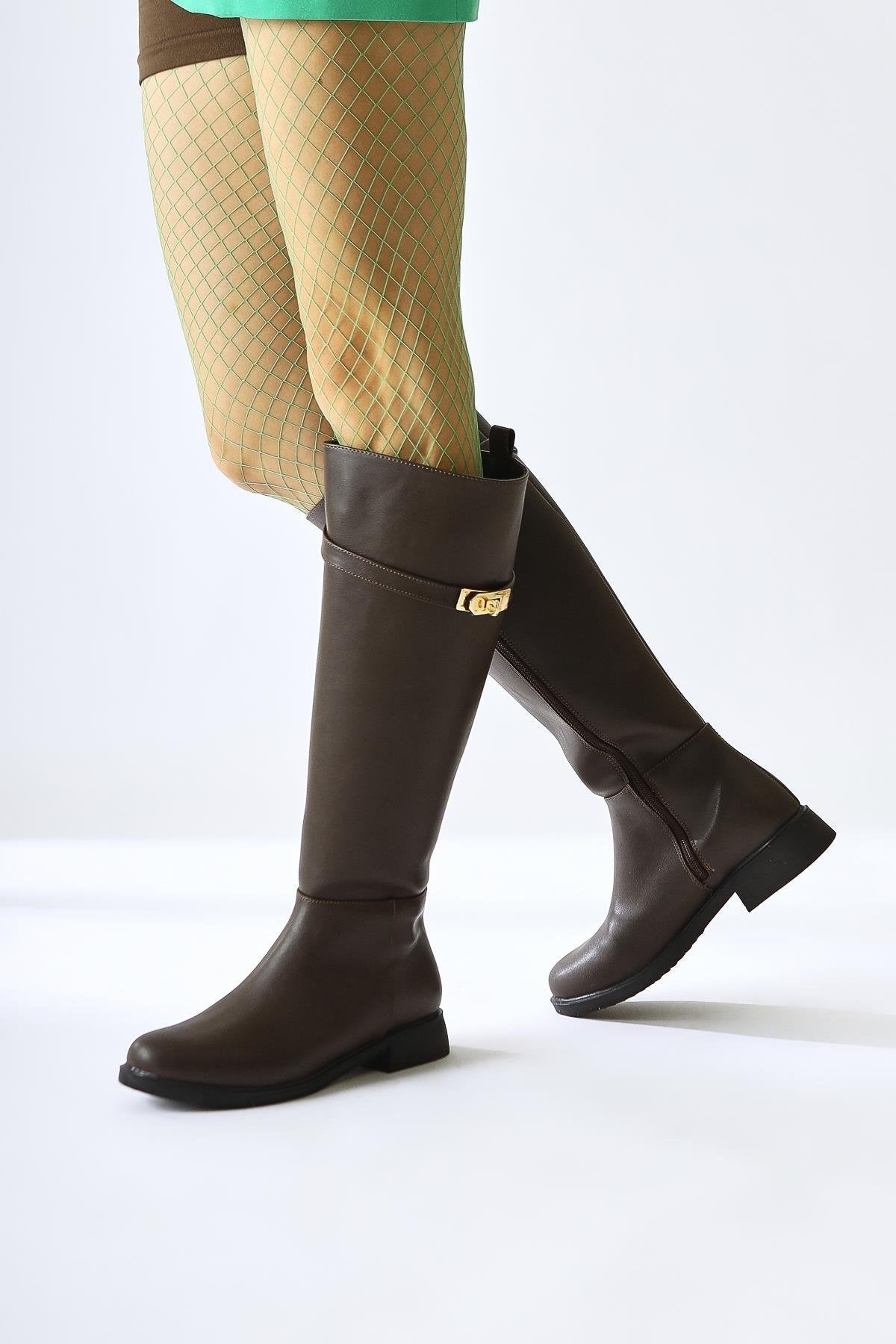 Kanako Coffee Accessorized Zippered Short Heeled Boot
