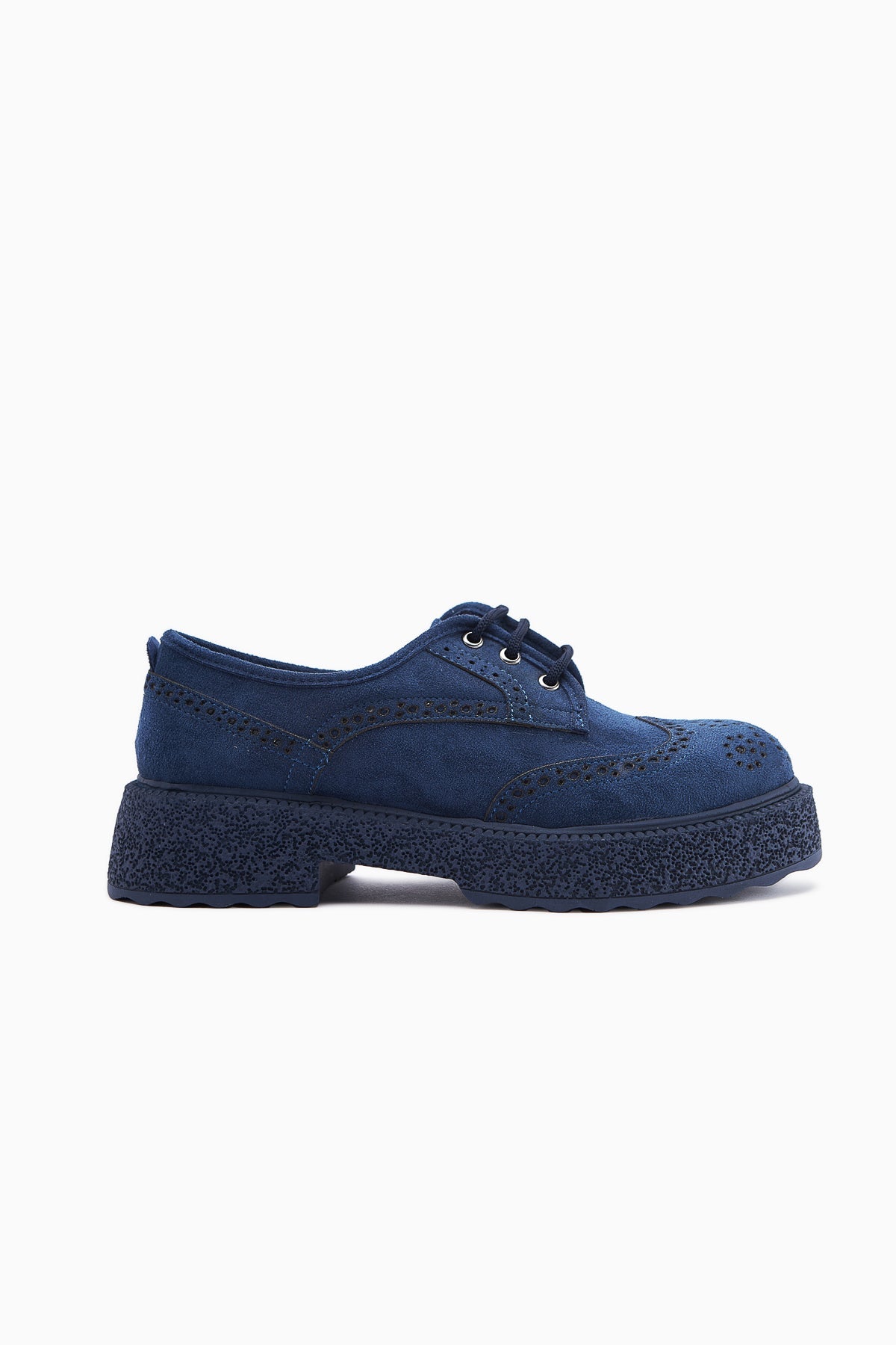 Rossy – Navy Suede Laser-Cut Oval-Toe Shoe (Women)