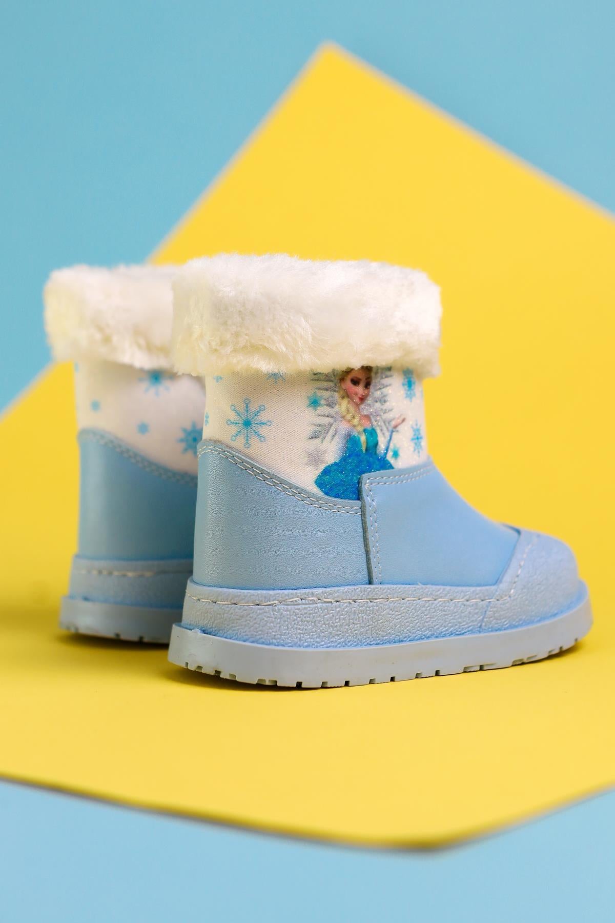 Elea Blue Striped Character Print Furry Lined Baby Boots