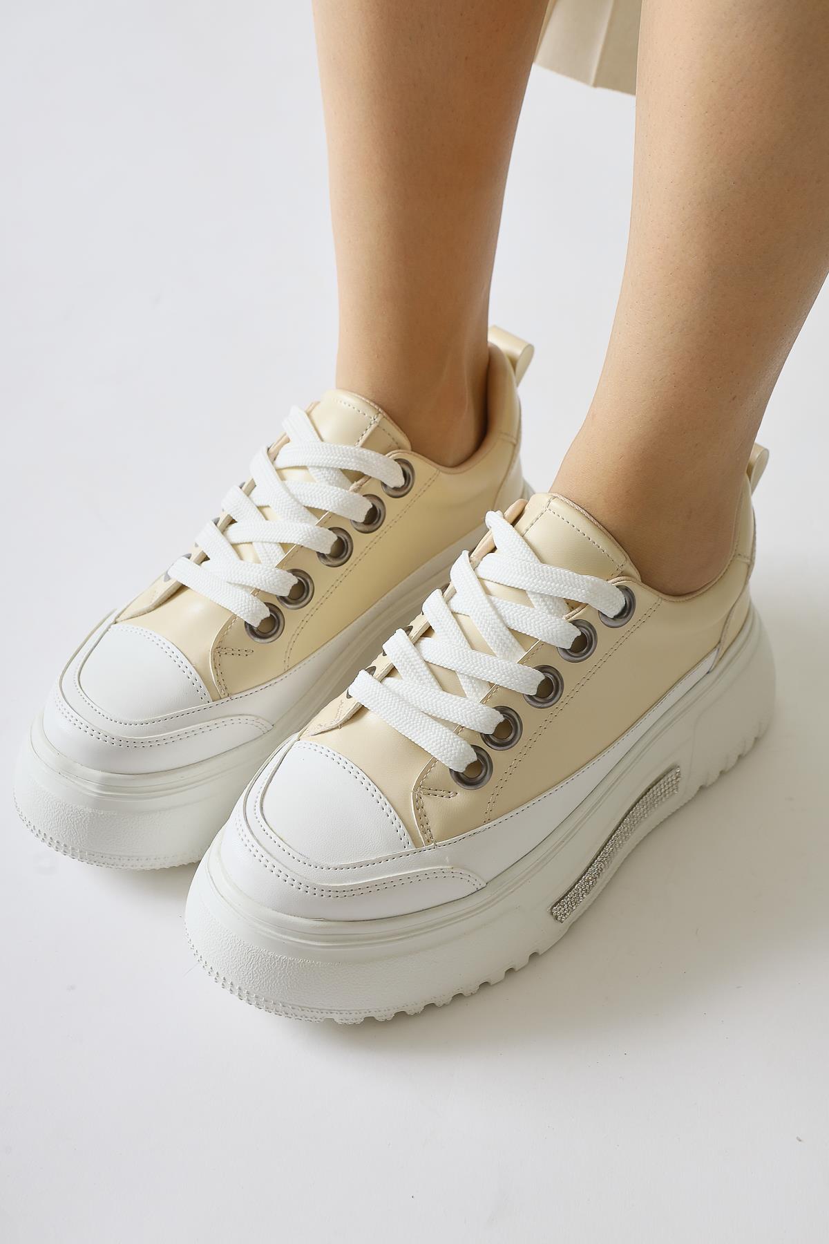 Rosella Beige Thick Sole Stone Detailed Lace-up Sneakers