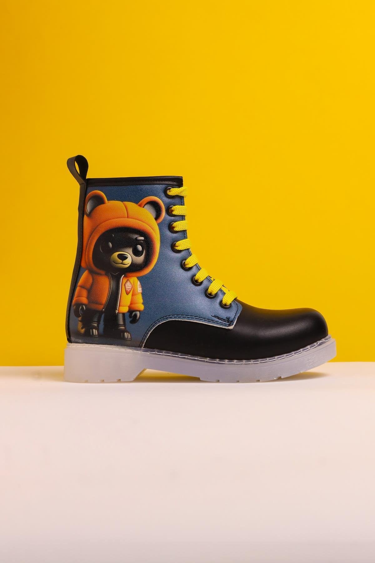 Doreen Black Striped Character Print Lace-Up Kids' Boots