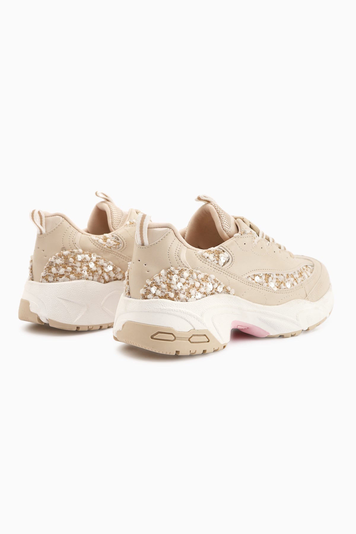 Rozhin Beige Sequined Thick Sole Women's Sport Shoes