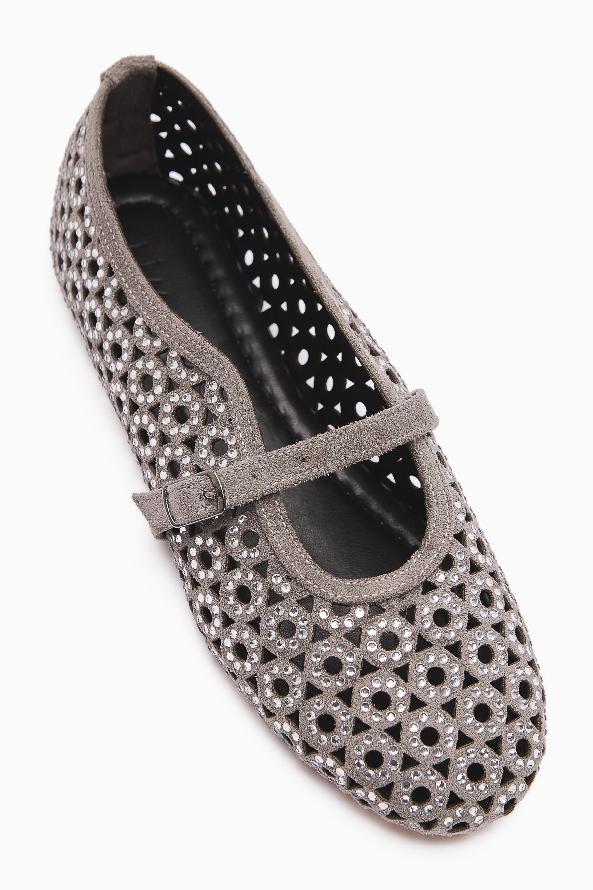 Nicki Grey Suede Oval Toe Perforated Stone Detail Single Strap Women's Casual Shoe