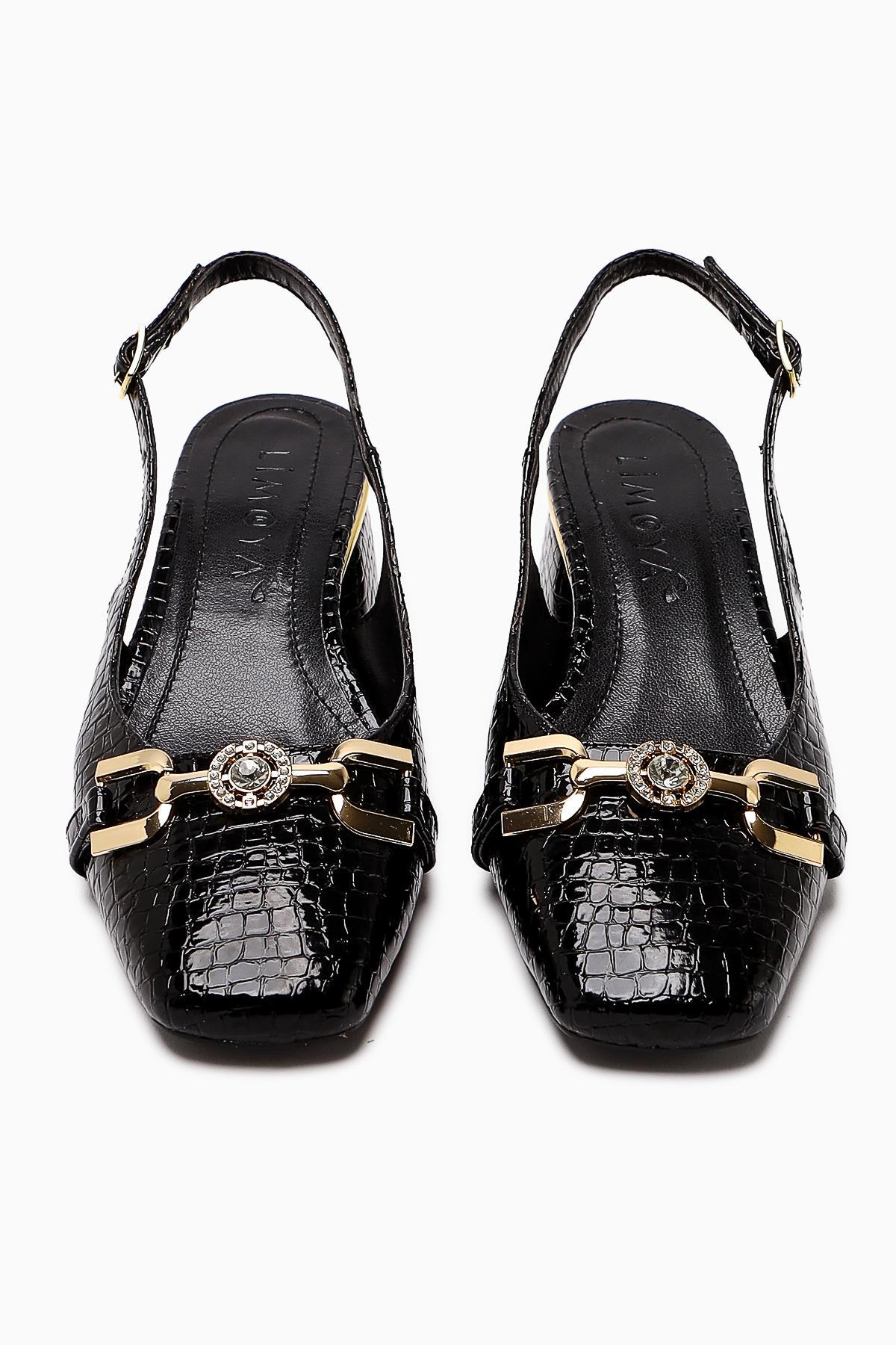 Tai Black Crocodile Stone Detailed Women’s Heeled Shoes