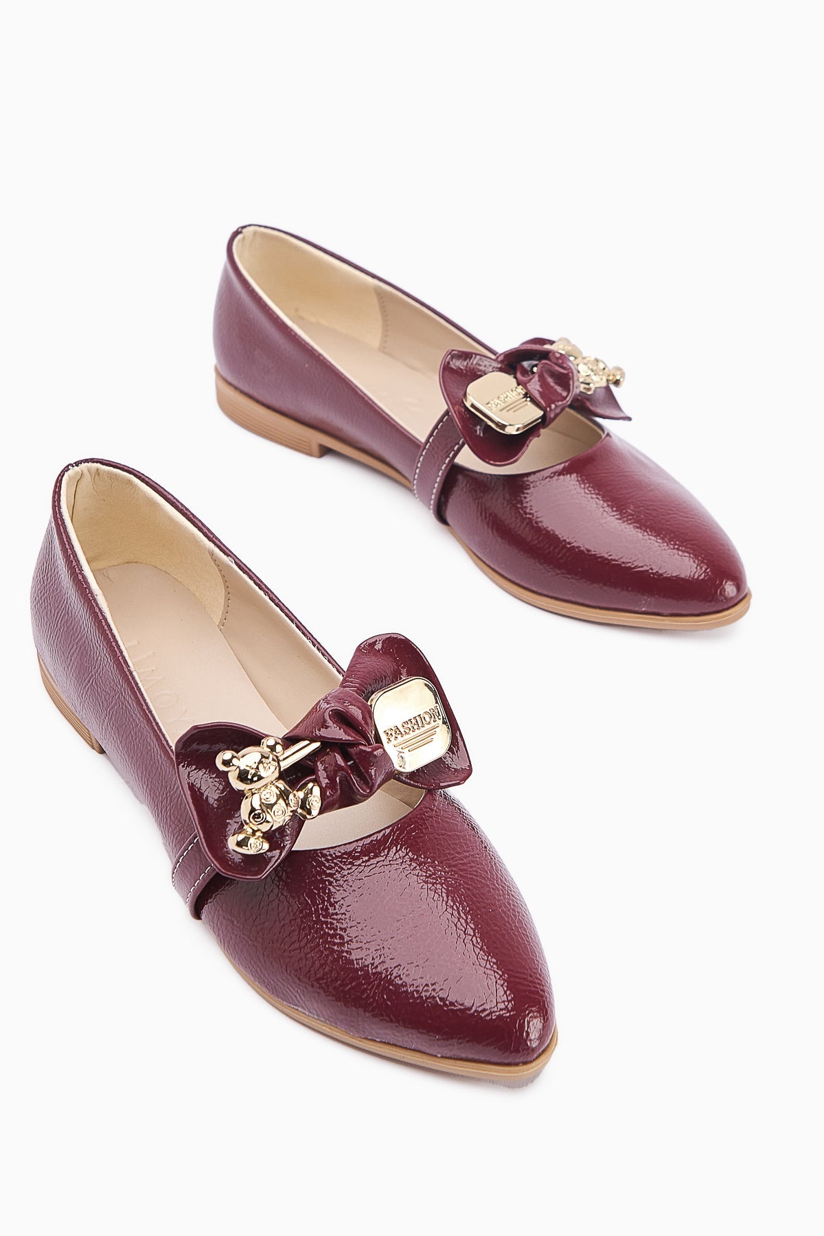 Joselin Burgundy Crinkled Patent Leather Flat with Bow Accessory