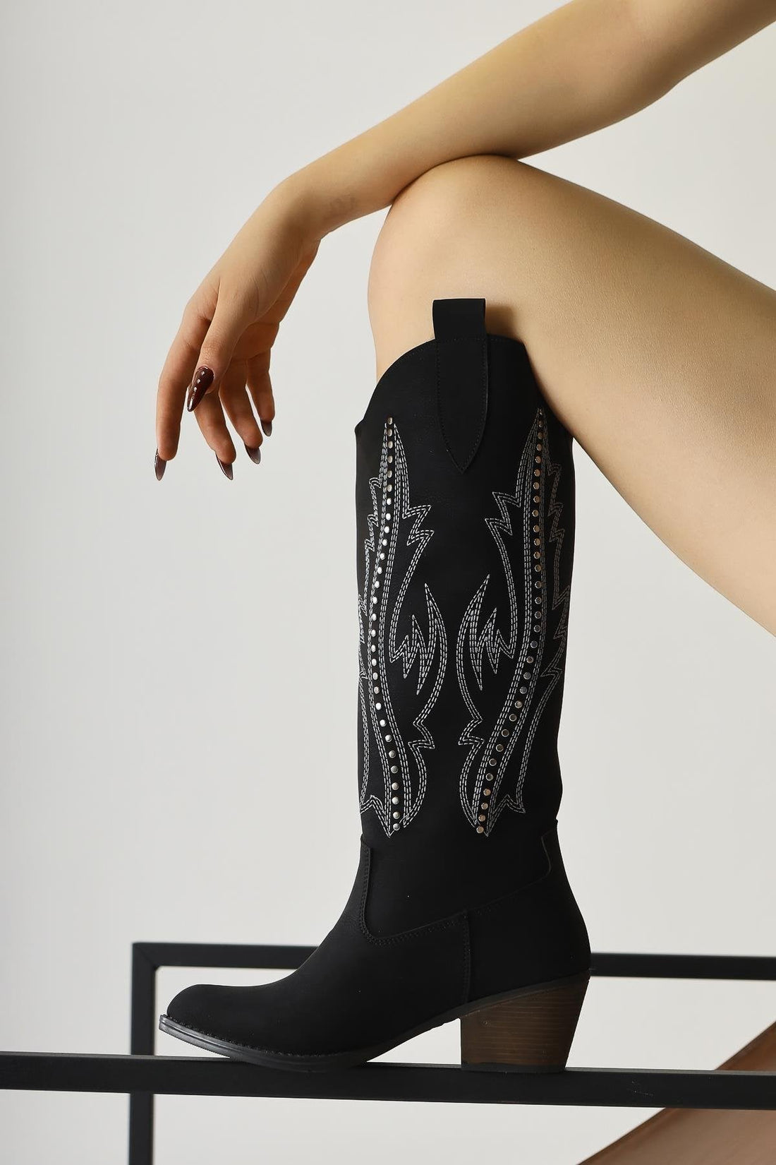 Fizaro Black Pointed Toe Western Boot with Embroidery and Stud Details