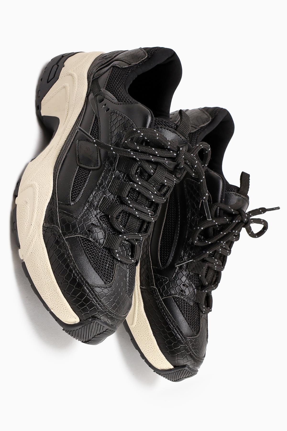 Caisa Black Textile Detailed Lace-up Women's Sneakers