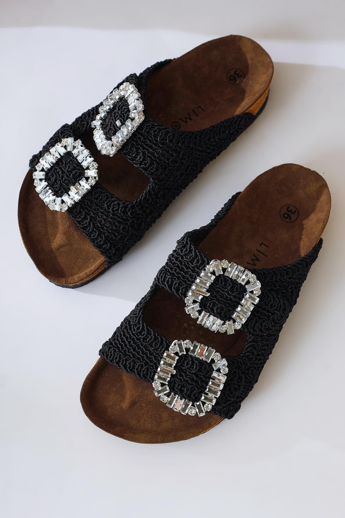 Ellina Black Double Strap Gemstone Buckle Detail Woven Slipper