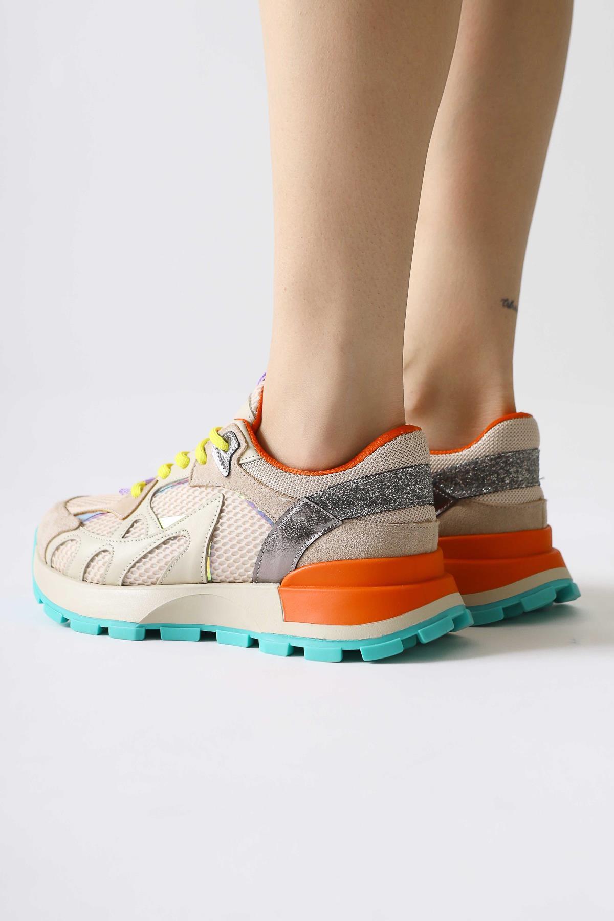 Moe Beige Lace-Up Sneakers with Mesh Detail