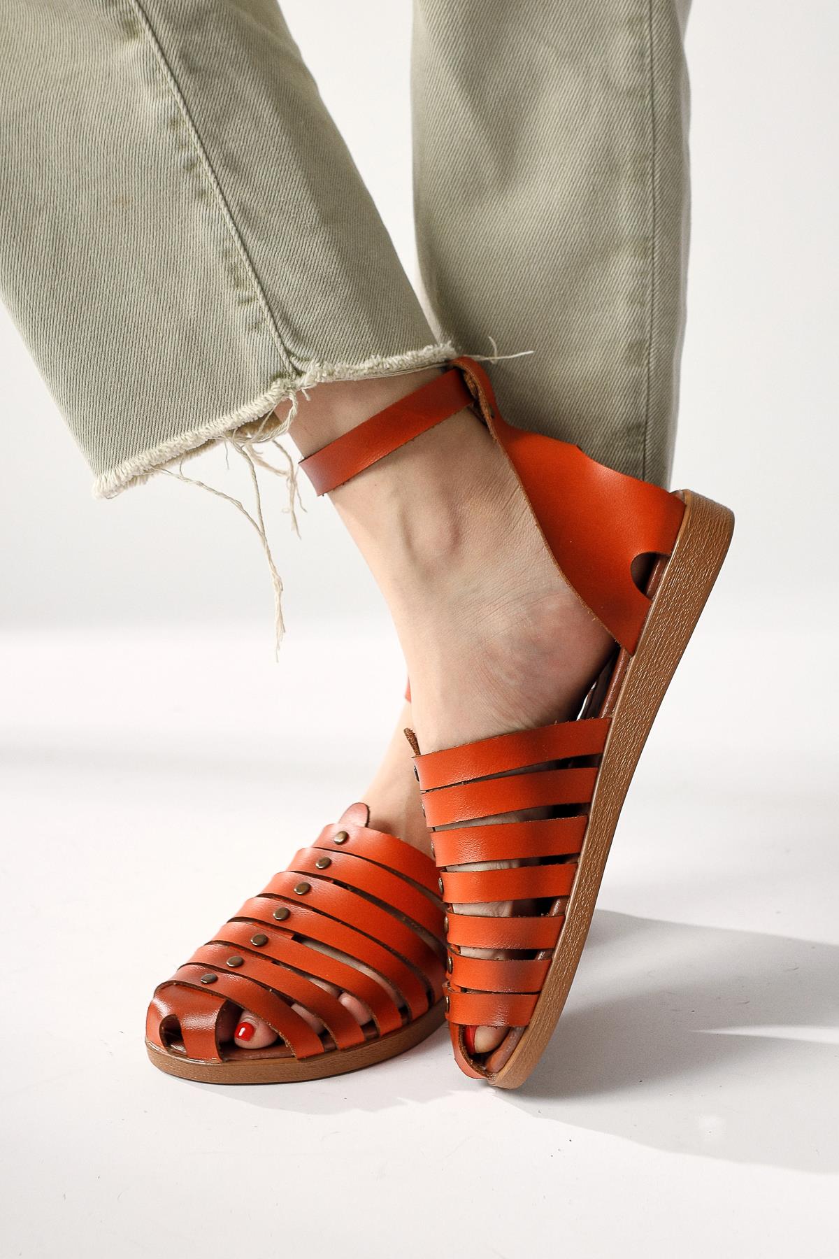 Helen Genuine Leather Orange Toe-Covering Bodrum Sandals