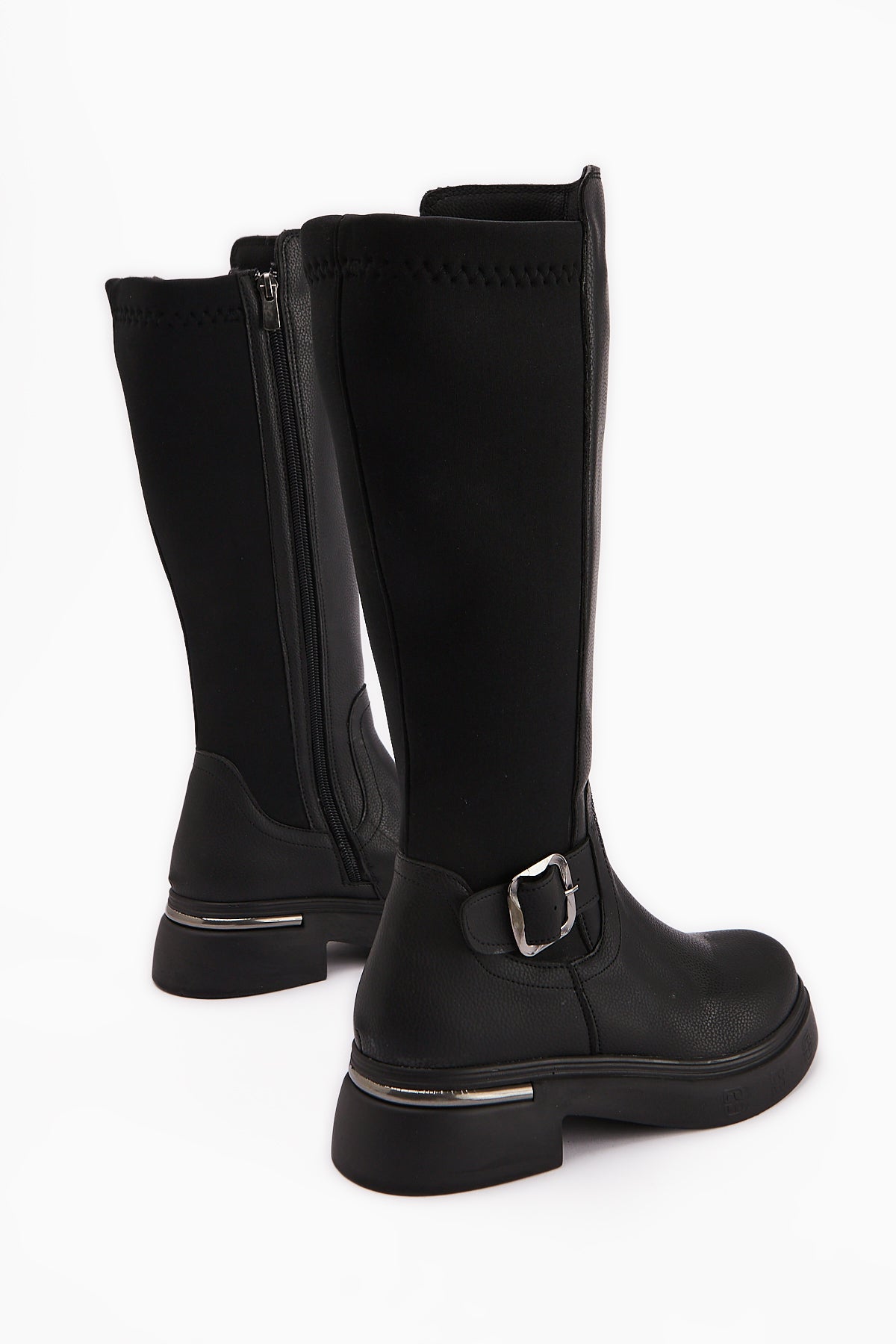 Faria Black Diving Fabric Detailed Buckled Thick Sole Boots