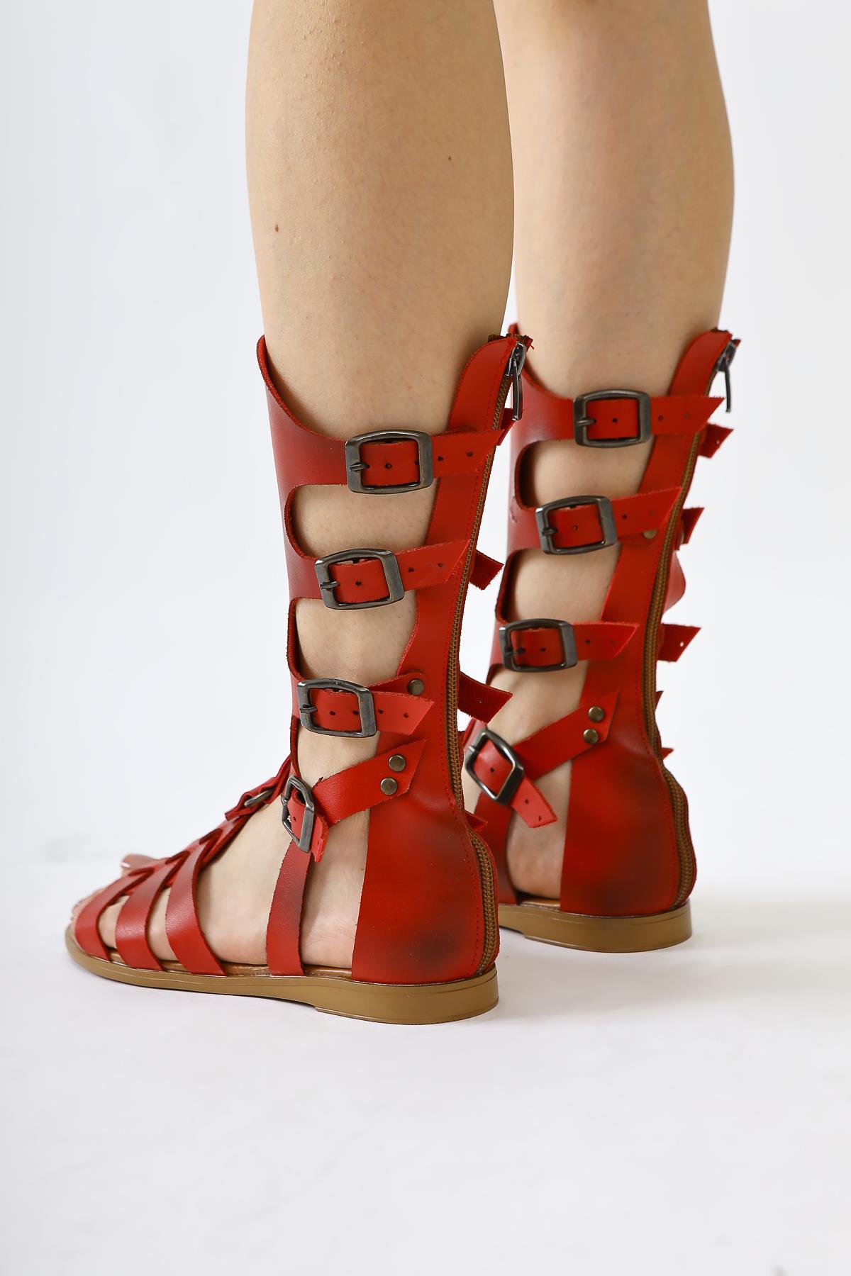 Baisa Genuine Leather Red Buckle Detailed Flat Sandals