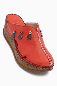 Genuine Leather Annika Red Antique and Evil Eye Bead Detailed Comfort Sabo Slippers