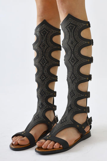 Medusa Genuine Leather Black Stone Detailed Knee-High Gladiator Sandals