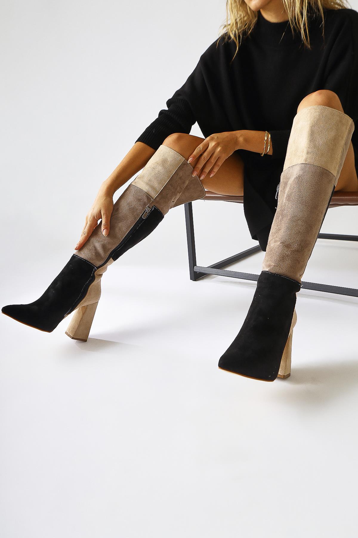 Kamiyah Black Beige Over-the-Knee Boot