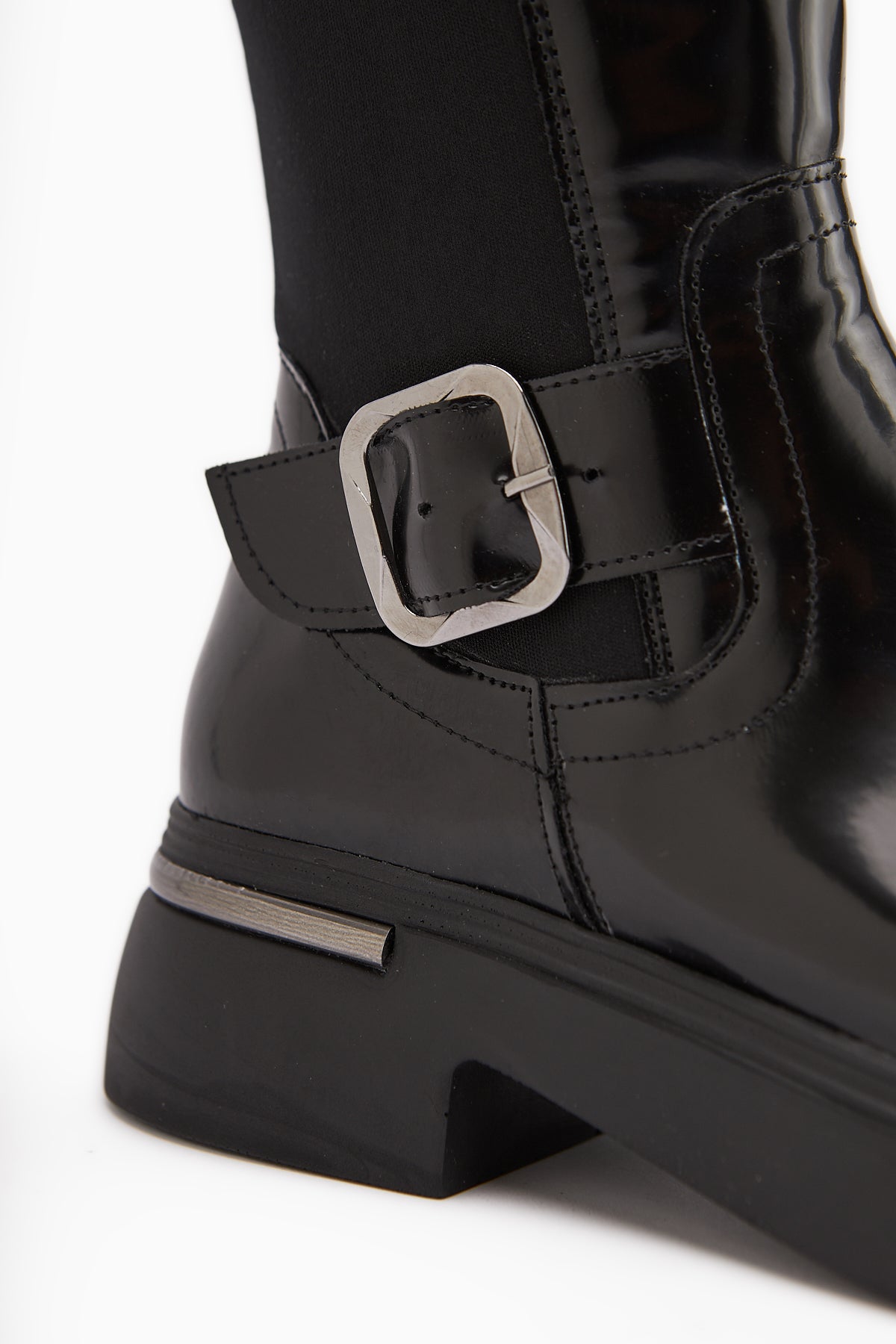 Faria Black Patent Leather Diver Fabric Detailed Buckled Thick Sole Boots