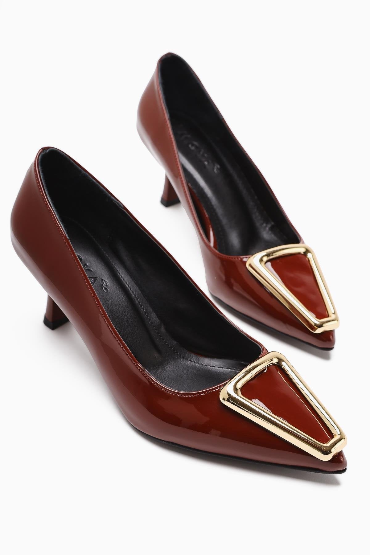 Carla Burgundy Patent Pointed Toe Buckle Detailed Women’s Heeled Shoes