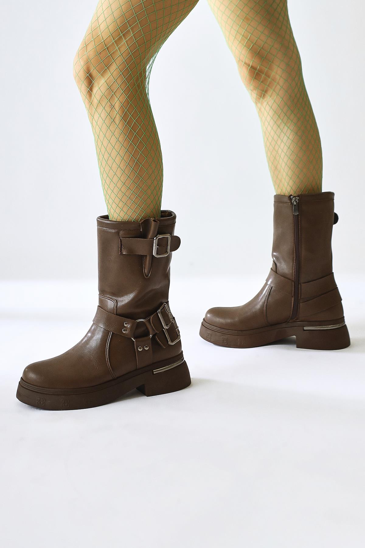 Joann – Brown Buckle-Detail Biker Boot (Women)
