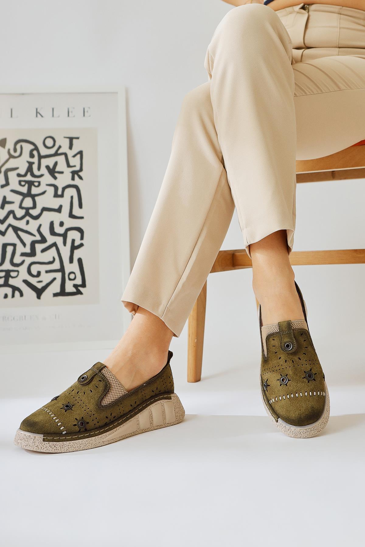 Bethina Olive Suede Flat with Rivet Details and Laser Cutouts