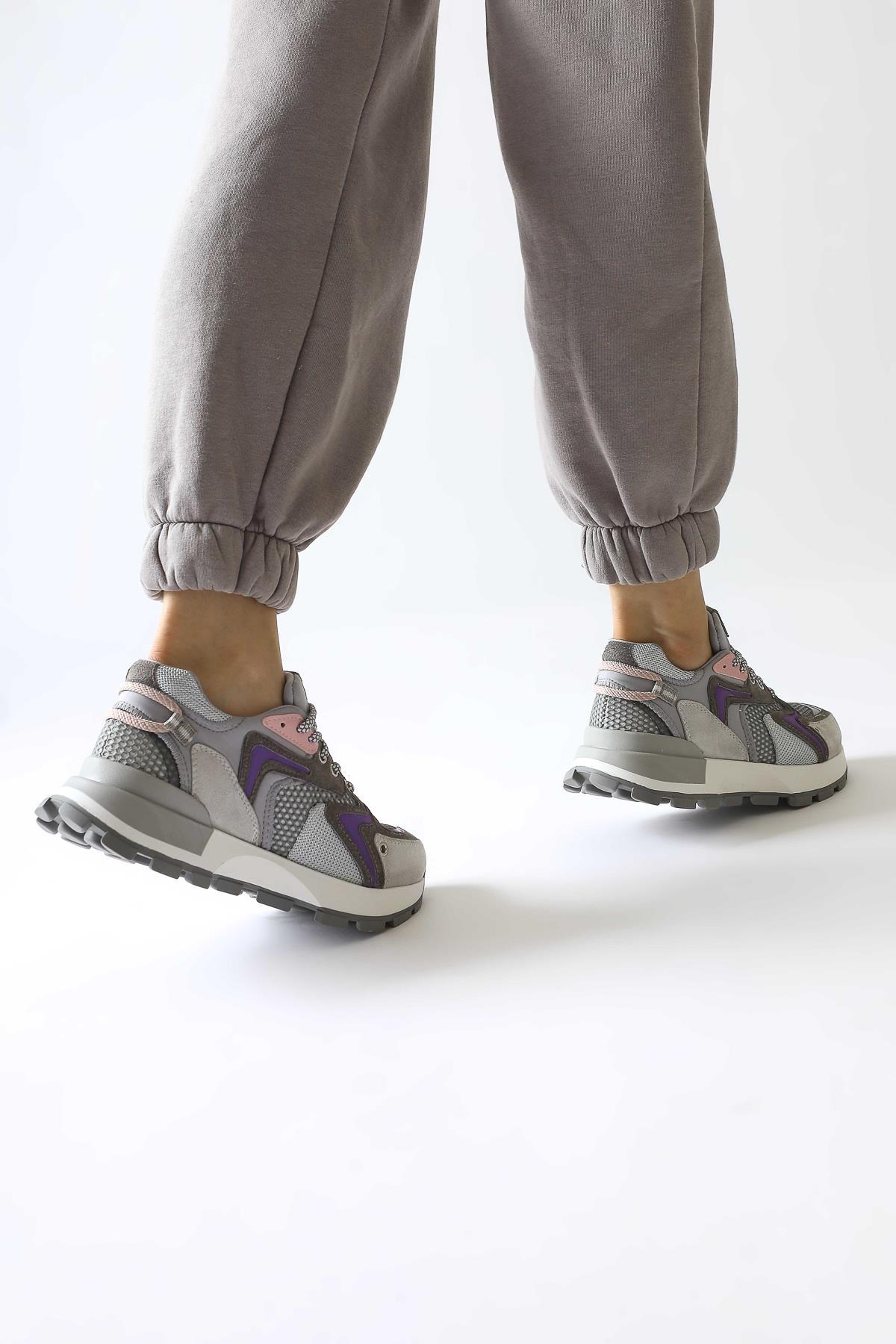 Onella Grey Suede Detailed Lace-up Sneakers