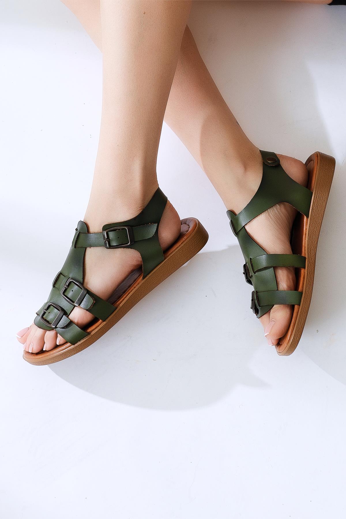 Desta Genuine Leather Olive Buckle Detail Sandal