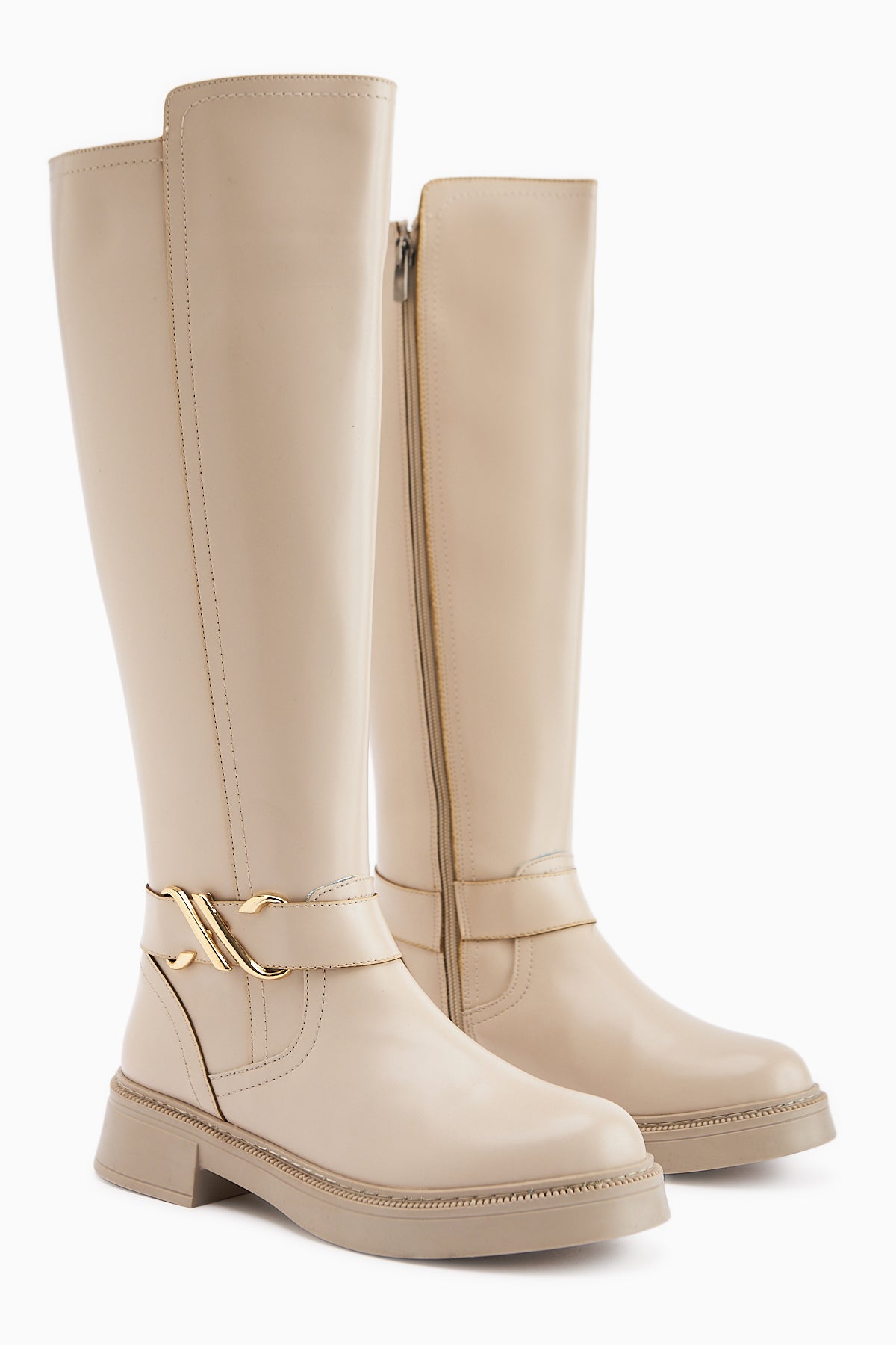 Birgita Beige Buckle Detailed Zipper Women’s Boots