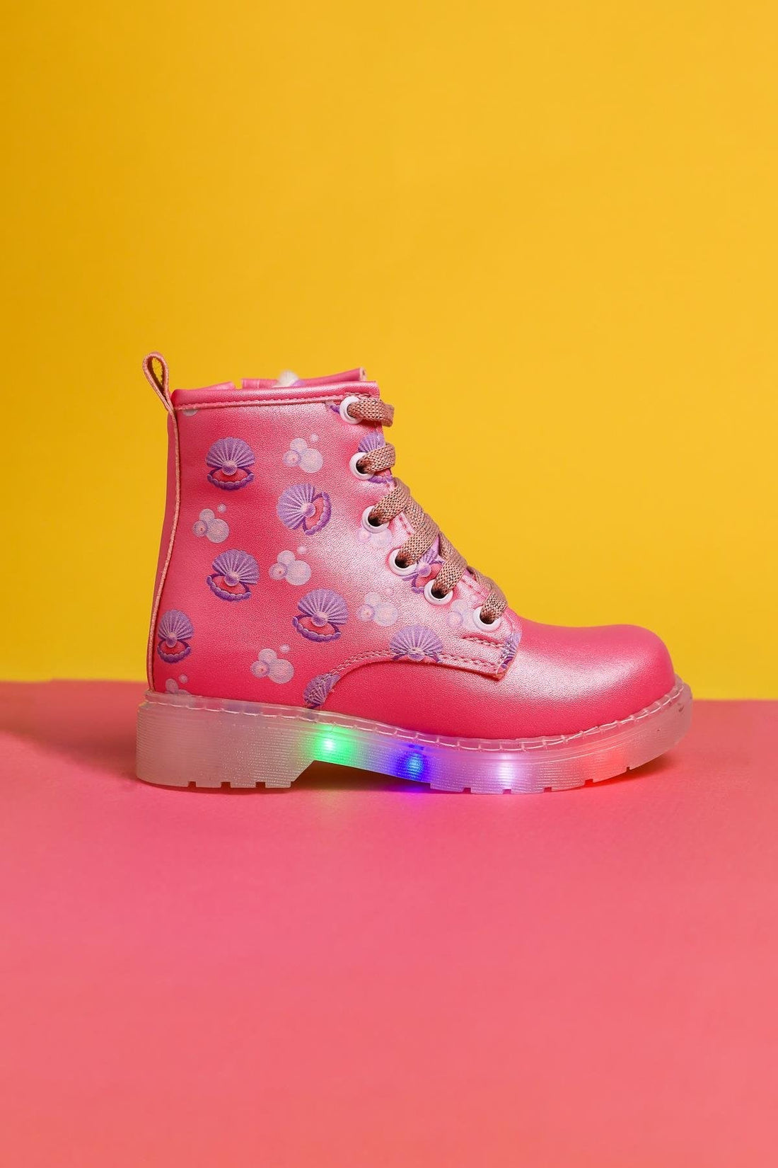 Johline Pink Sea Creature Print Lace-Up Light-Up Kids Boots