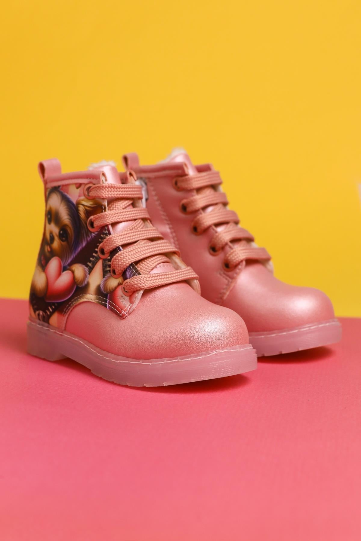 Jannice Pink Cartoon Character Print Light-Up Lace-Up Baby Boots