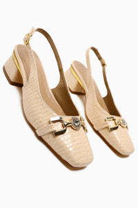 Tai Beige Crocodile Stone Detailed Women’s Heeled Shoes