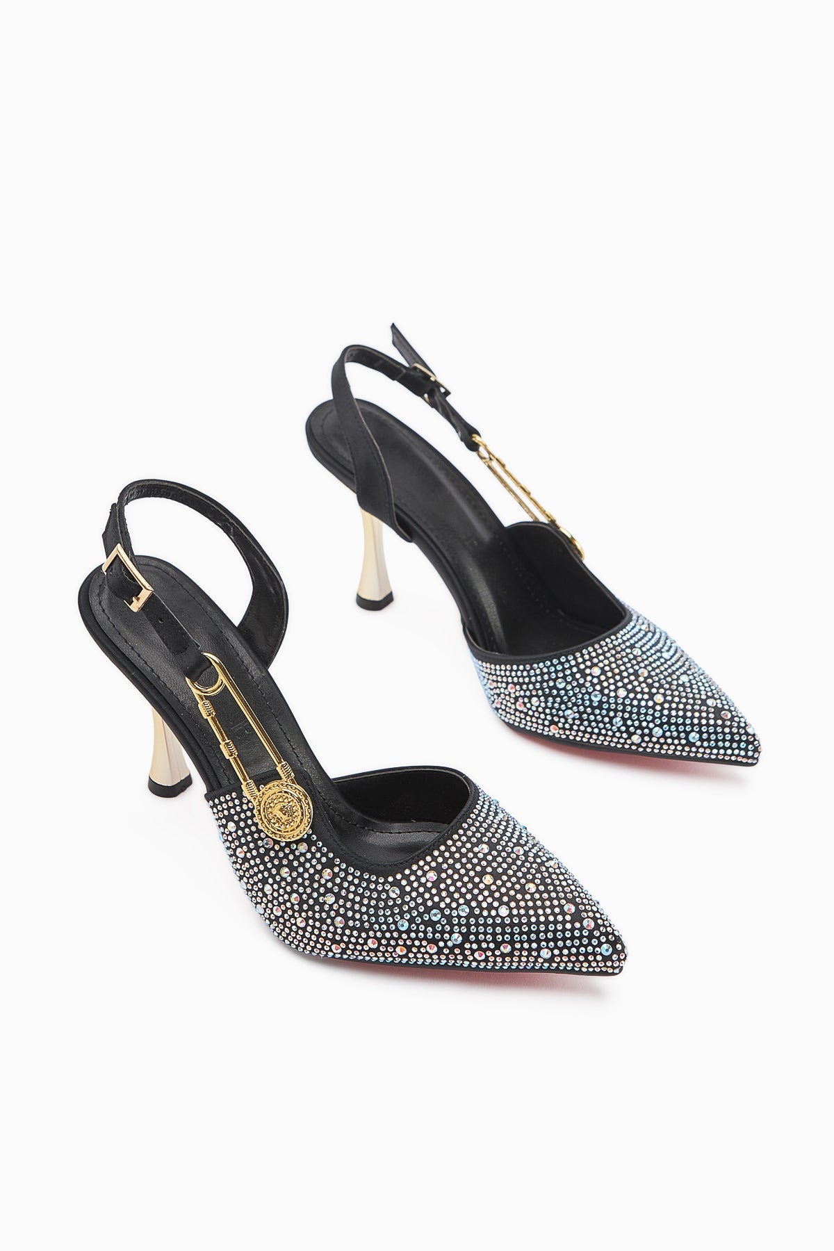 Denise – Silver; Beige/Light-Gold Tones Stone-Embellished Shiny Ankle-Tie Pointed-Toe Slim Heel Open-Back Ankle-Strap Gold-Chain Side Accessory Shoe (Women)