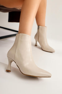 Anna – Beige Leather-Look Vegan Material Zippered Pointed-Toe Slim Heel Boot (Women)