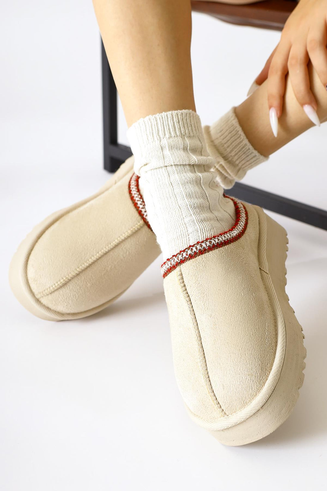 Anne-Liis Beige Suede Winter Slipper with Weave Detail