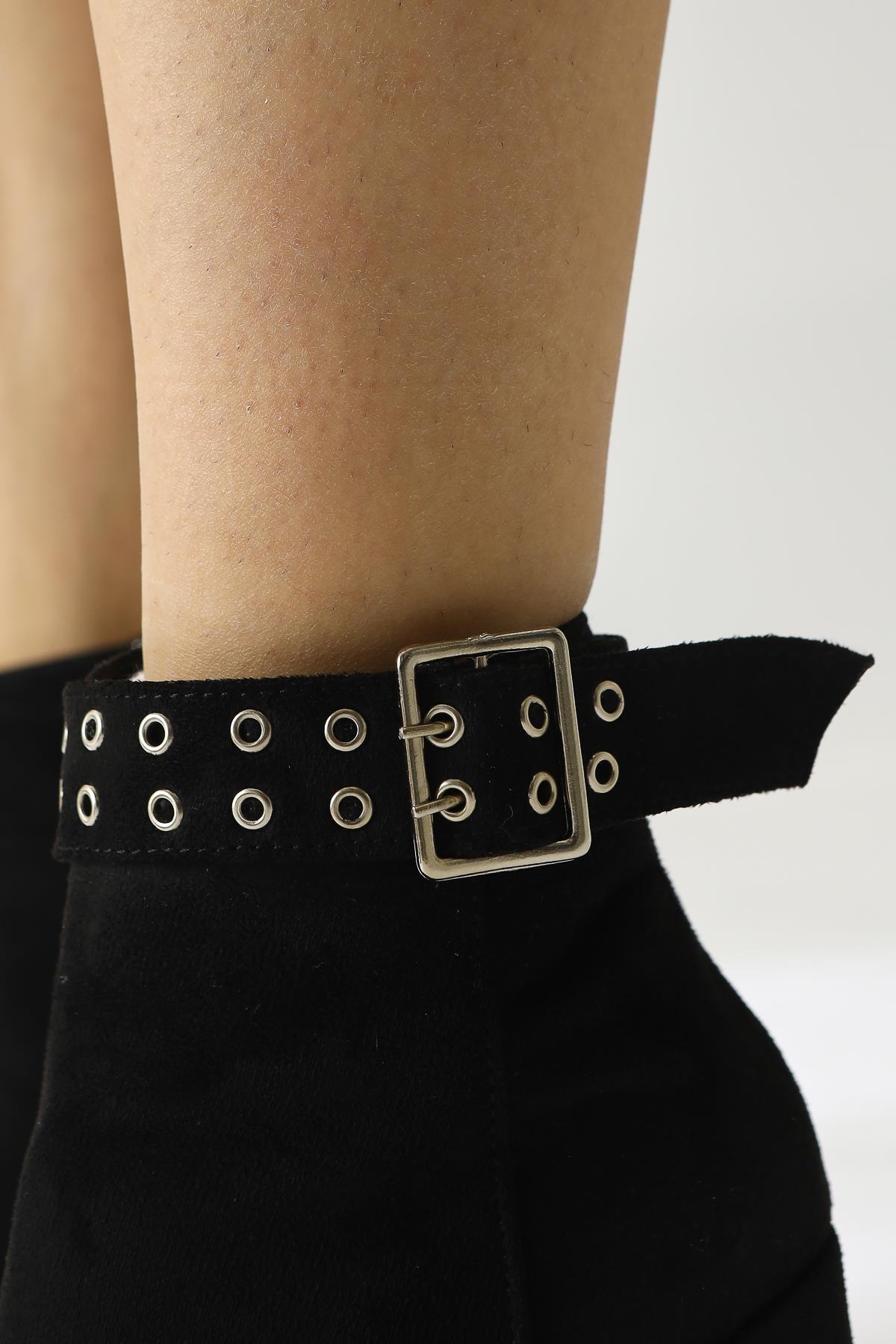 Jonny – Black Suede Buckle-Detail Oval-Toe Zip-Up Boot (Women)