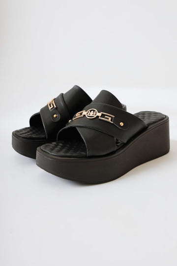 Stanny – Black Cross-Strap Buckle-Detail Thick-Sole Slide (Women)