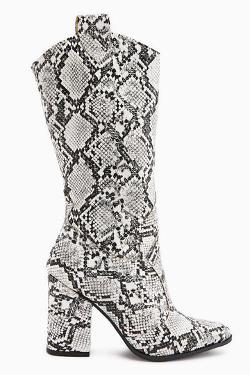 Keri White Snake Pattern Asymmetrical Cut Women’s Short Boots