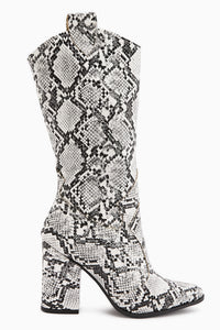 Keri White Snake Pattern Asymmetrical Cut Women’s Short Boots