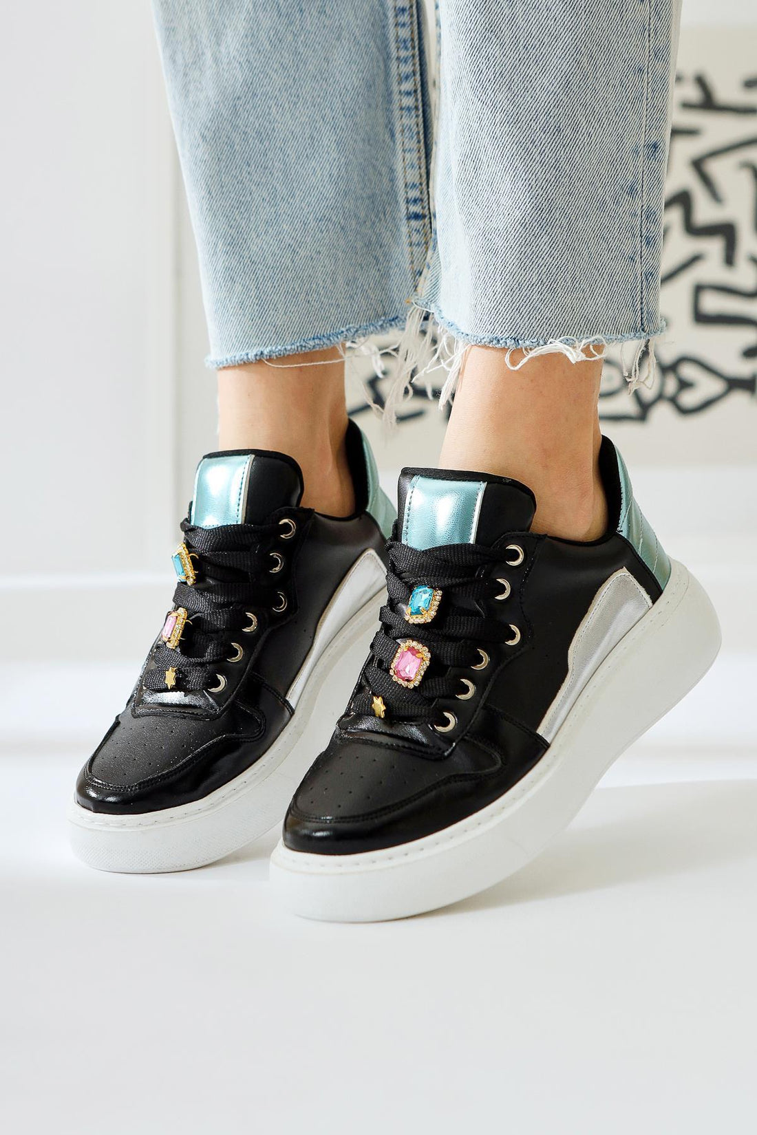 Deena Black Chunky Sole Stone Detail Sneakers