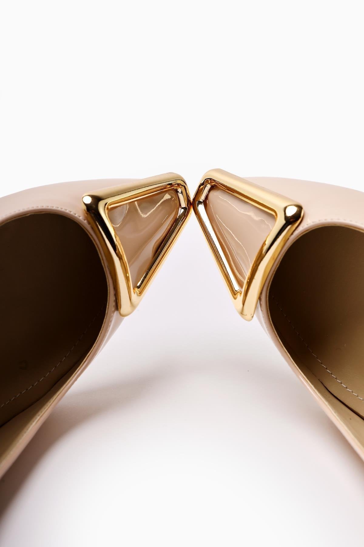 Carla Beige Patent Pointed Toe Buckle Detailed Women’s Heeled Shoes