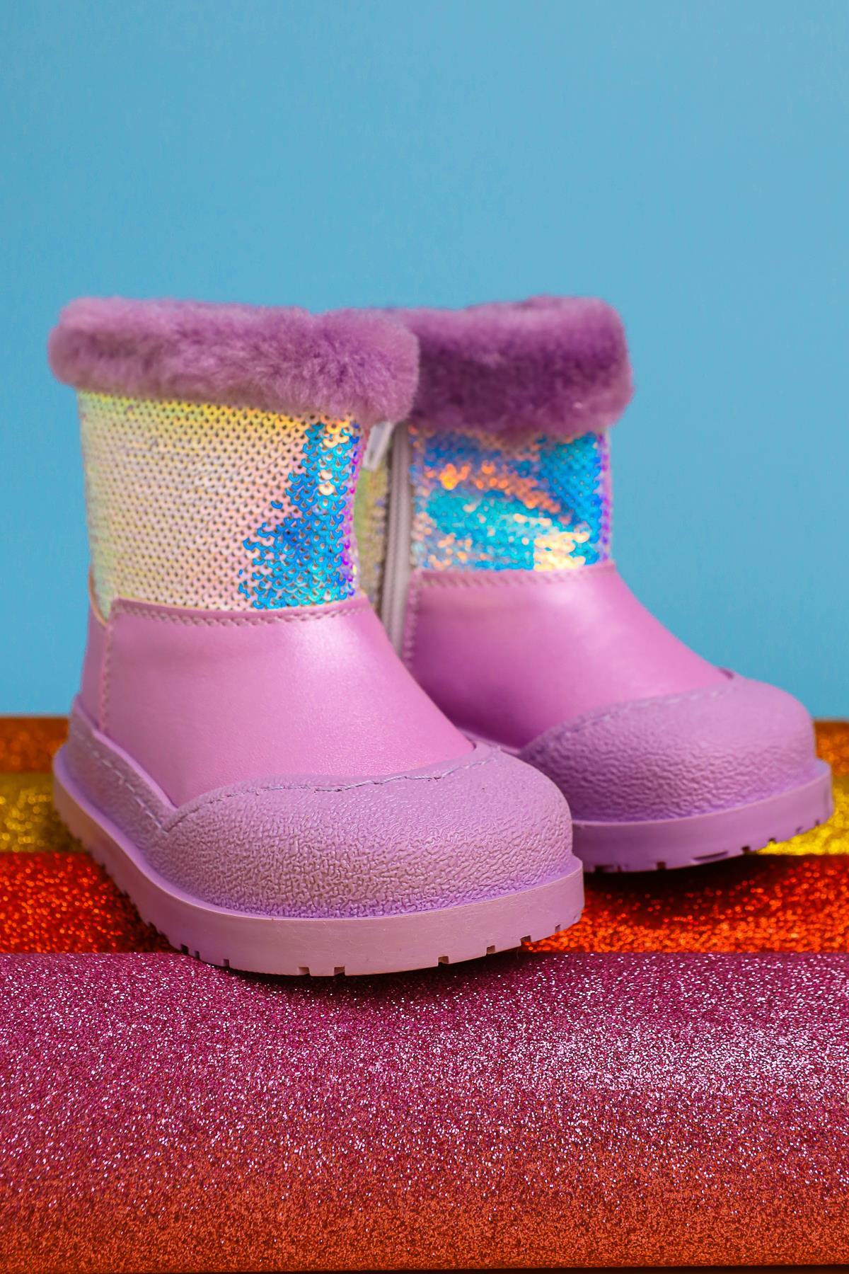Eleen Lilac Sequined Fur-Lined Baby Boots