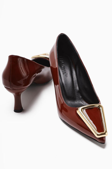 Carla Burgundy Patent Pointed Toe Buckle Detailed Women’s Heeled Shoes
