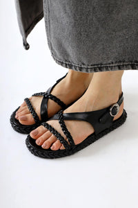Nera Black Patent Woven Strap Sandals