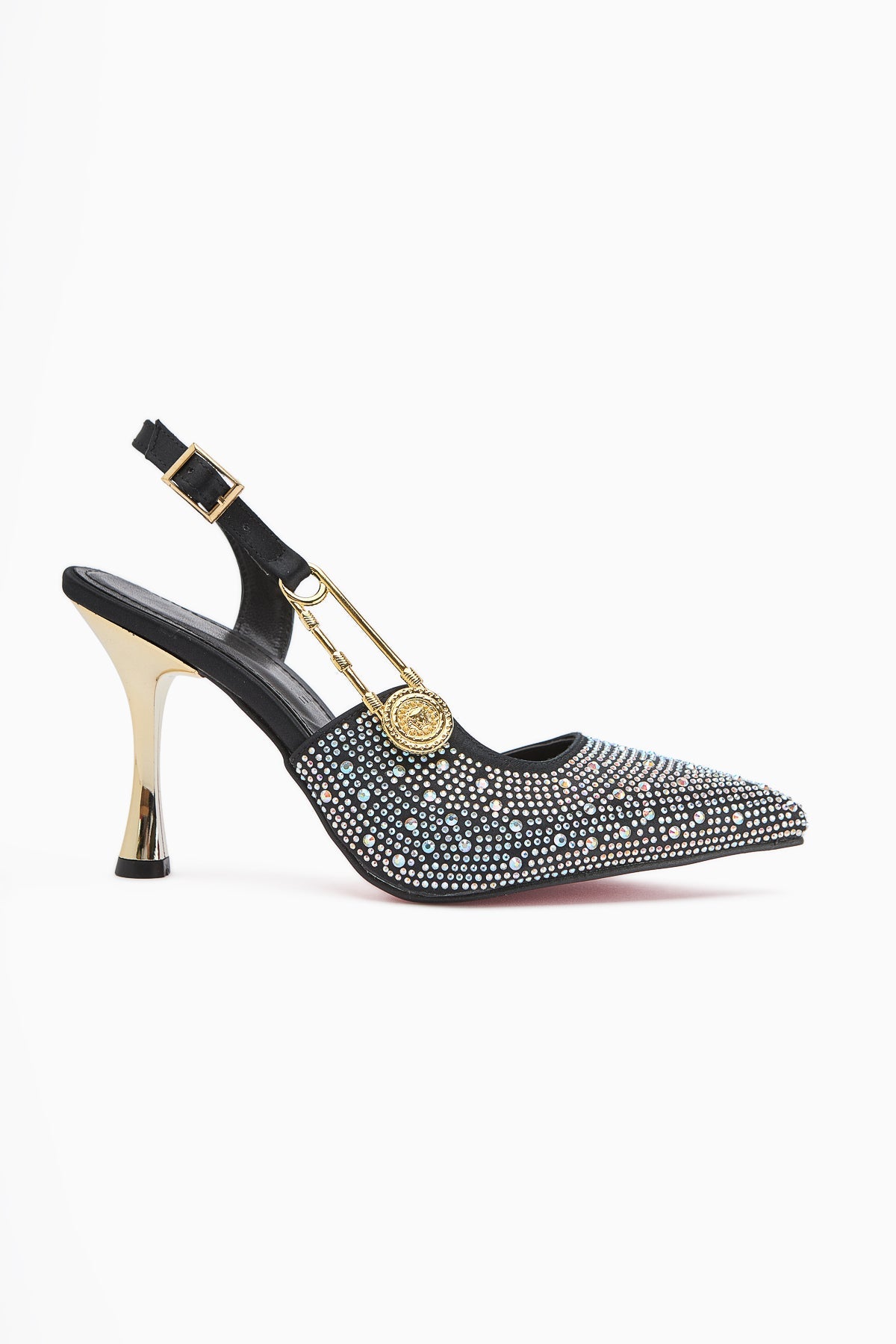 Denise – Silver; Beige/Light-Gold Tones Stone-Embellished Shiny Ankle-Tie Pointed-Toe Slim Heel Open-Back Ankle-Strap Gold-Chain Side Accessory Shoe (Women)
